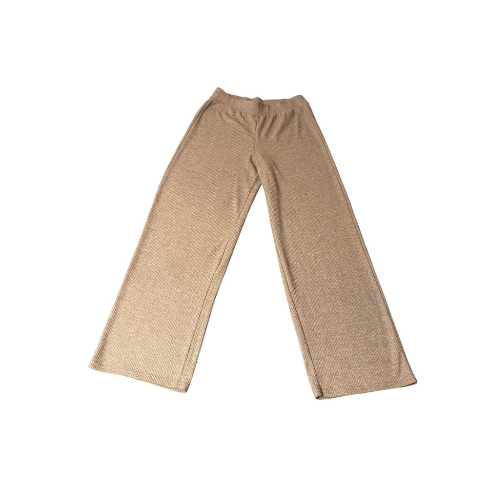 Tan Ribbed Knit Wide Leg Pants High Waisted Elastic Waist Loungewear Trousers